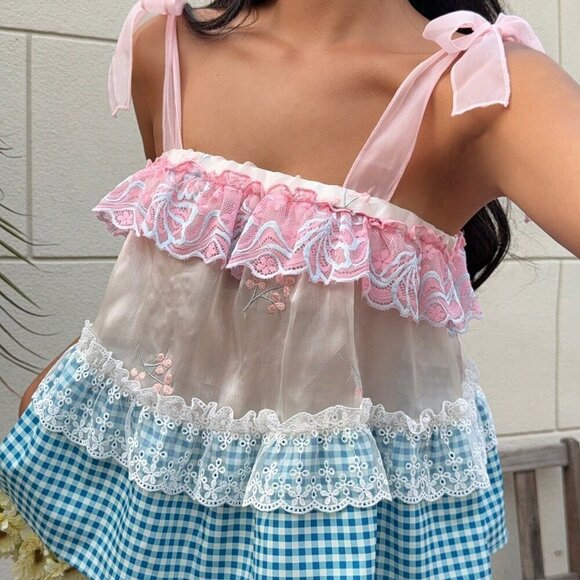 Boho Women's Vacation Plaid multi print Lace Splicing Camisole top - Picture 4 of 7